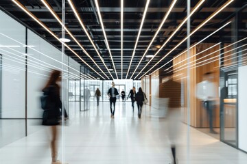Fototapeta premium people walking in motion blur through an office space with glass walls, blurry background, wooden and white accents, black ceiling with rectangular lights Generative AI