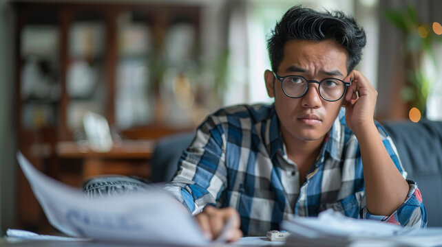 A stressed young Asian man sits on a sofa, calculating expenses from bills. He can't pay his mortgage or loan, facing a financial crisis and potential bankruptcy.