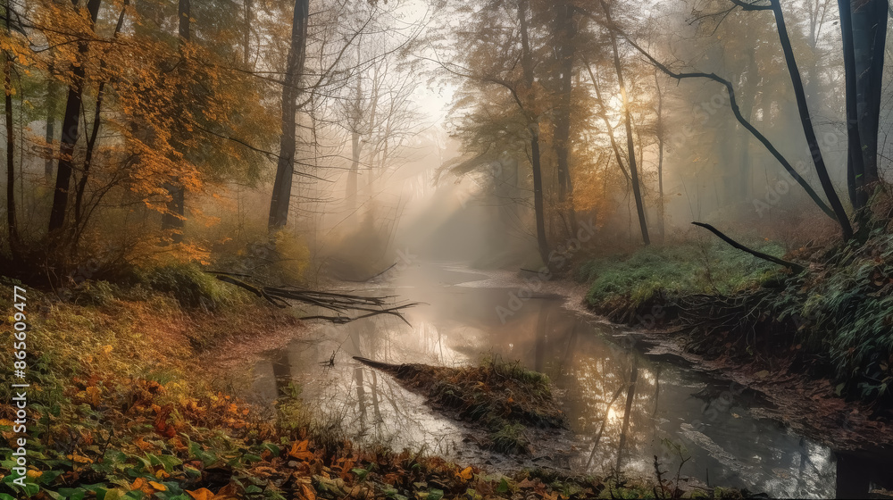 Poster a forest with a stream running through it. the water is murky and the trees are tall