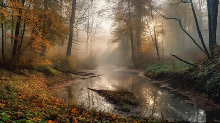 Obraz premium A forest with a stream running through it. The water is murky and the trees are tall