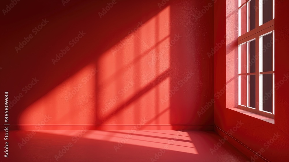 Poster minimalistic concept depicting an empty corner with a deep window shadow in a red room