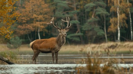 Obraz premium A red deer buck stands on a grassy bank by a lake in a forest. The deer has large antlers and is looking up. The trees in the background are turning autumn colors