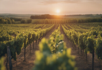 Fototapeta premium Extra wide panoramic shot of a summer vineyard shot at sunset