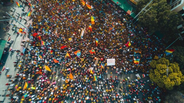 An aerial shot of a large crowd gathered in a public square in Addis Ababa, Ethiopia, likely for a celebration or a political event.