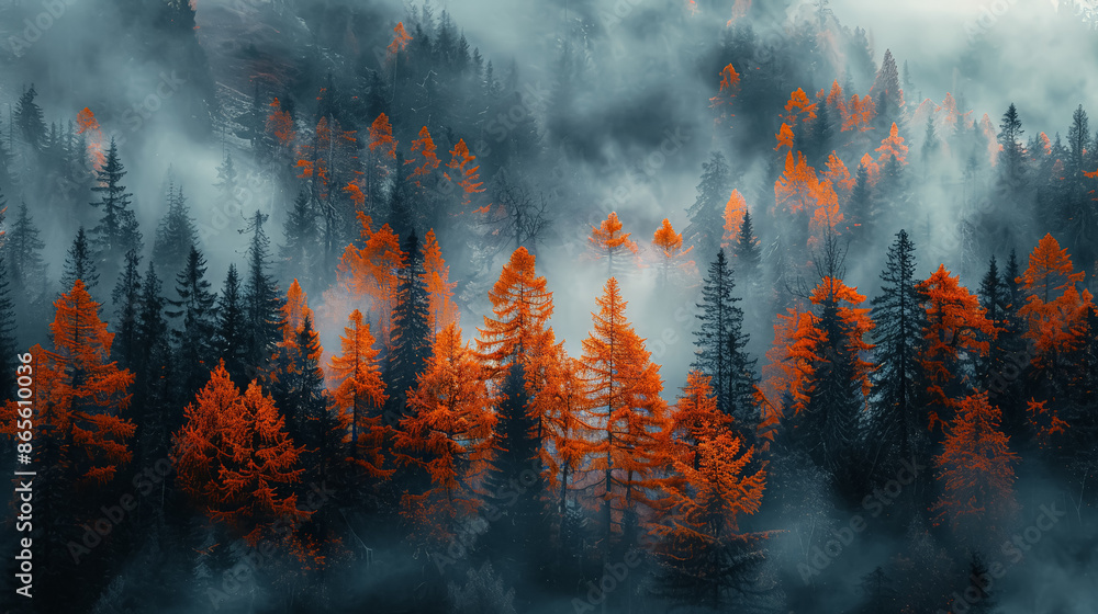 Aufkleber a forest with trees in various stages of fall. the trees are mostly green, but some are orange and b