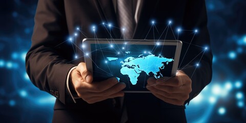 Businessman holding linking global business network connection and data exchanges with graph growth on digital tablet