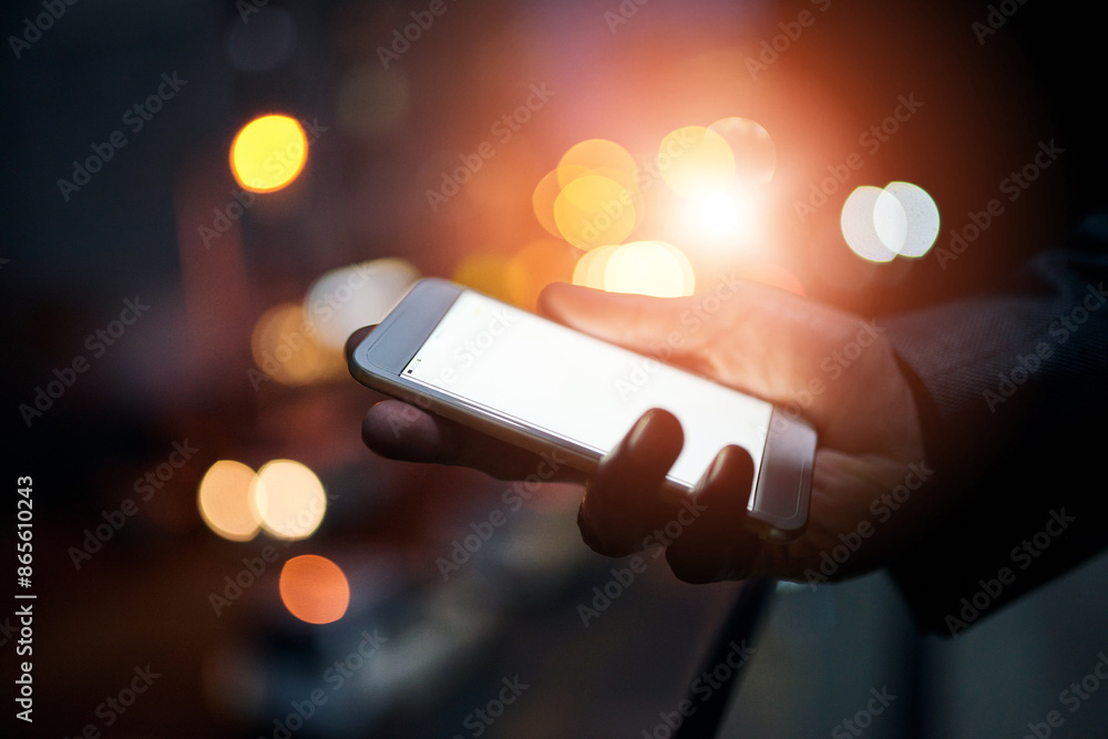 Aufkleber Hands, business person and cellphone screen for communication, networking and connection. Bokeh, internet and online on news website for updates, post and mobile app with mockup space and lens flare
