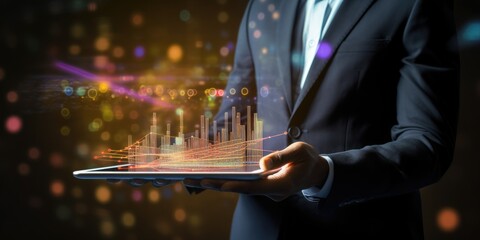 Businessman holding tablet and analysis stock market, currency exchange and banking, showing a growing virtual hologram of statistics, graph and chart, Business growth