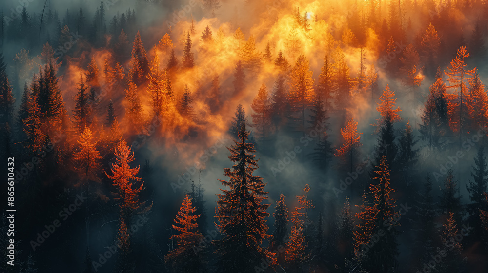 Poster a forest with trees in various stages of fall. the trees are mostly green, but some are orange and b