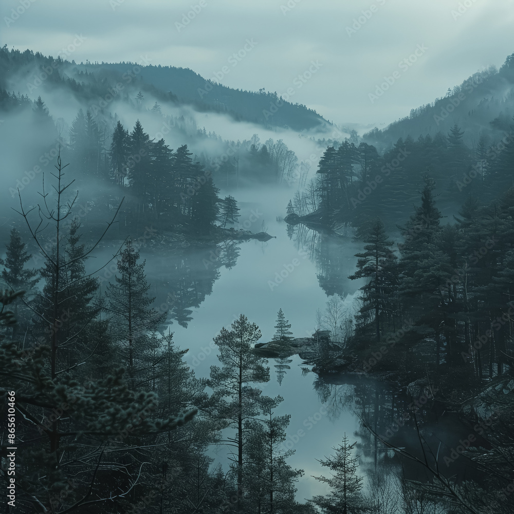 Aufkleber a misty forest with a river running through it. the trees are tall and the sky is cloudy