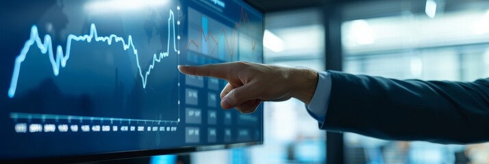 Man pointing at a financial chart on a digital screen. Business analysis, data visualization, and financial planning concept. Great for business, finance, and investment visuals