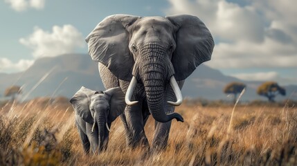 Naklejka premium A mother elephant and her baby roam through the golden grasslands under a cloudy sky, with mountains in the background.