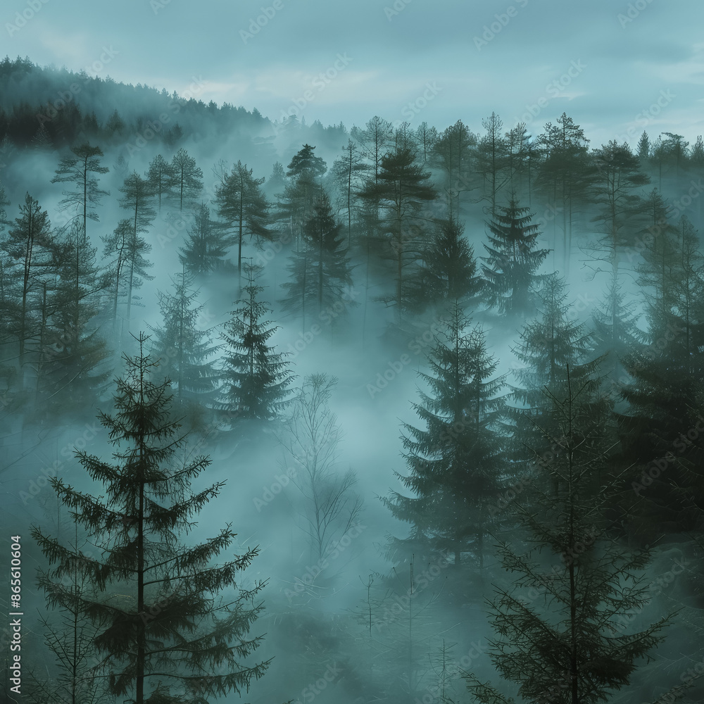Poster a dense forest with a thick fog covering the trees. the fog creates a mysterious and serene atmosphe