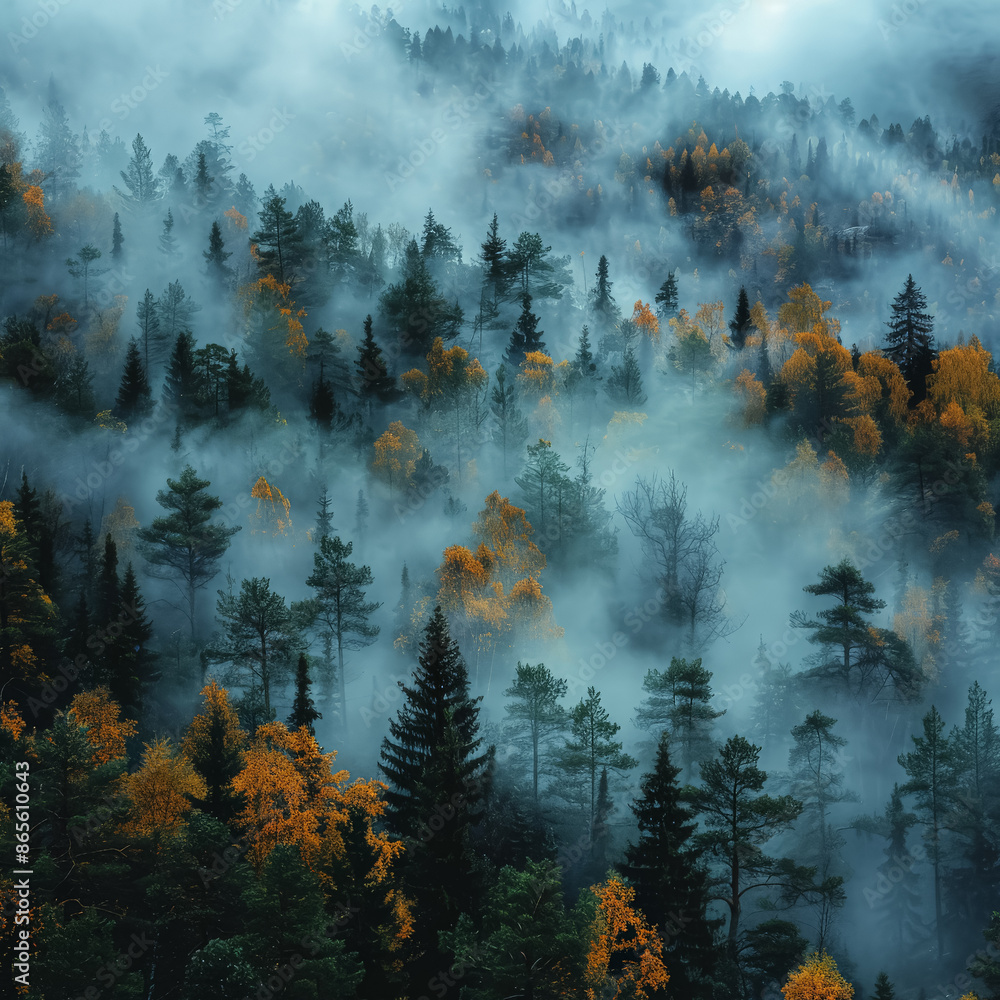 Poster a dense forest with a thick fog covering the trees. the fog creates a mysterious and serene atmosphe
