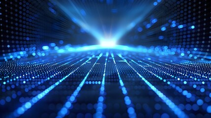 Radiant Blue Digital Grid Perspective with Mesmerizing Luminous Rays