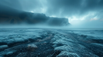 A foggy, misty day with a mountain in the background. The sky is dark and cloudy, and the water is calm