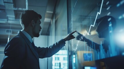 Hand touching a holographic bar graph on a digital interface. Data analysis, financial growth, and technology concept. Perfect for business, finance, and tech visuals