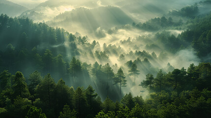 A foggy mountain valley with trees and a misty sky, creating a serene and ethereal landscape.