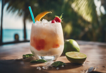 Fresh fruit cocktail in coconut with ice