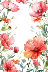 Vibrant Botanical Watercolor Floral Frame with Intricate Organic Decorative Border on White Background