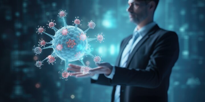 Businessman touch virtual medical network connection icons. Covid-19 pandemic develop people awareness and spread attention on their healthcare