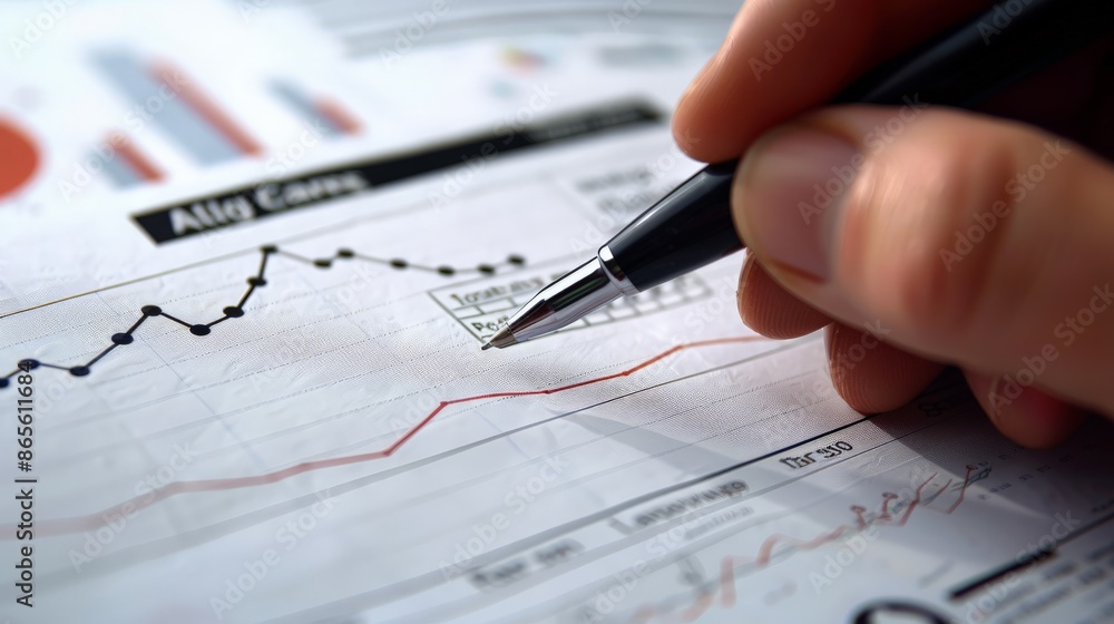 Poster Close-up of hand analyzing financial data on a paper with graphs. Business analysis and data review concept. Ideal for business presentations and financial reports