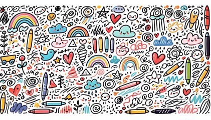 Colorful and chaotic collage of various drawings and doodles made by children with pencils, creating a bright and artistic atmosphere