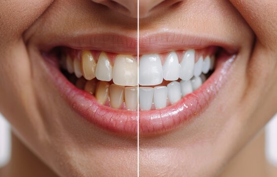 Close-up comparison of before and after dental teeth whitening