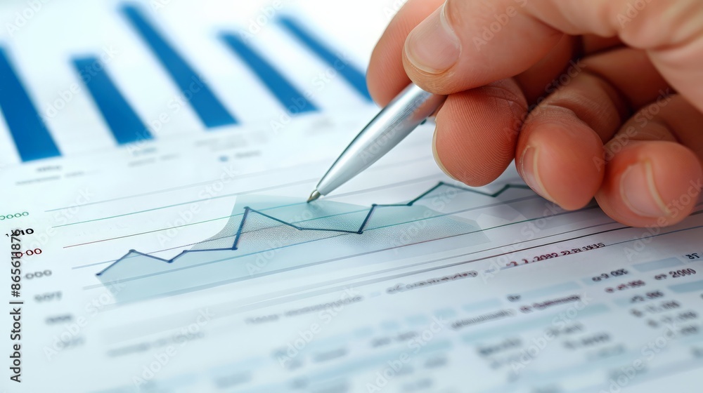 Poster Close-up of hand analyzing data on a financial report with charts and graphs. Business planning and financial review concept. Suitable for presentations and reports