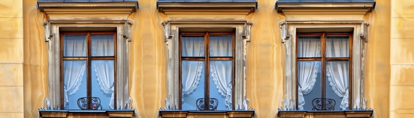 Wooden windows with vintage curtains