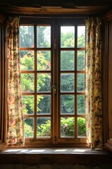 Wooden windows with vintage curtains