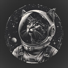 A cat in a space suit is looking up at the moon.
