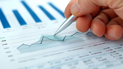 Close-up of hand analyzing data on a financial report with charts and graphs. Business planning and financial review concept. Suitable for presentations and reports