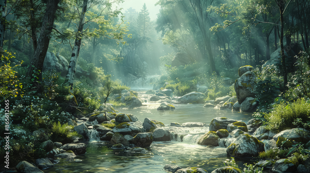 Poster a beautiful, serene forest with a small stream running through it. the water is clear and the rocks 