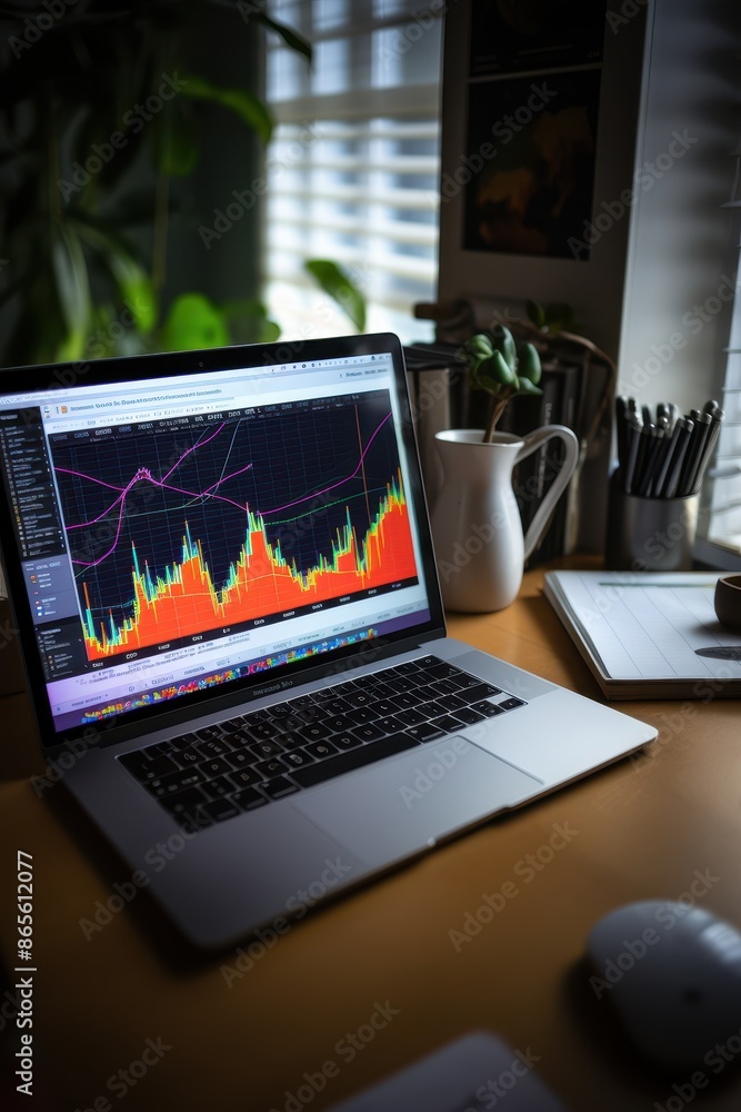 Poster workspace with graph analysis on laptop screen