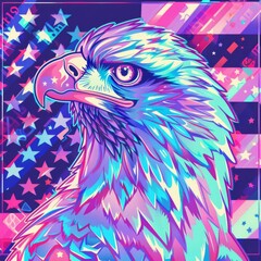Fototapeta premium Adorable kawaii Haliaeetus leucocephalus with an American flag backdrop, styled in vibrant 80s synthwave aesthetics for the 4th of July