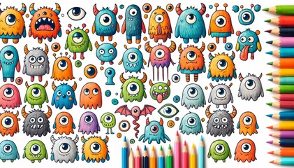 Colorful big collage of monsters, each with unique eye design and different colors, for kids room, coloring books, clothes, wallpaper, cards