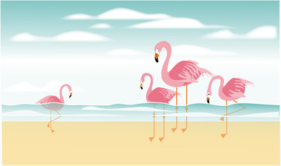 flamant rose dans la mer eau transparente ciel bleu nuage vecteur