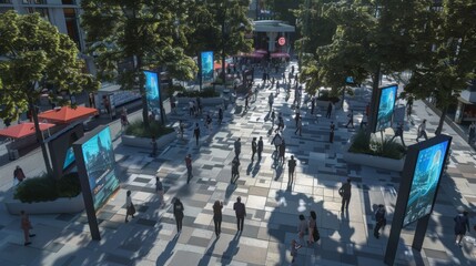A bustling city street filled with pedestrians walking past digital signs and kiosks. The street is lined with trees and buildings in the background.