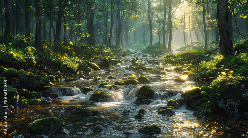Poster a beautiful, serene forest with a small stream running through it. the water is clear and the rocks 