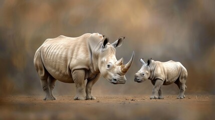 Obraz premium A mother white rhinoceros and her calf stand together in a South African savanna, with rocky hills in the background