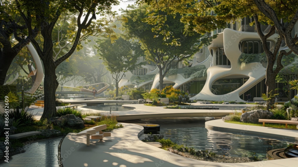Aufkleber a serene outdoor space with modern architecture and lush greenery. the image shows a walkway winding