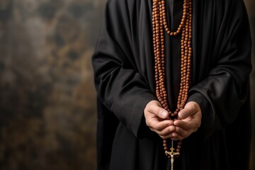 Individual wearing a black robe, hands clasped around a set of wooden rosary beads, likely in a religious or spiritual context, highlighting devotion and faith.