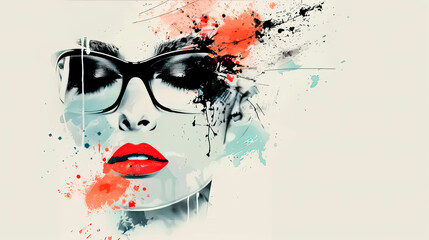 Stylized portrait of a woman with bold red lips and sunglasses, surrounded by abstract splashes of paint on a white background. Concept: modern art and fashion. Ideal for fashion brands, art galleries
