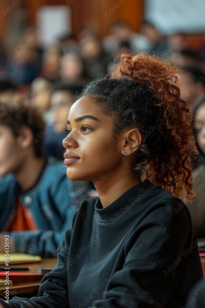 Aufkleber focused student attentively listening during classroom lecture with peers in the background