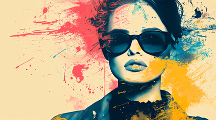 Vibrant abstract portrait of a woman wearing glasses with colorful splashes and brush strokes. Concept: modern art and creativity. Suitable for art galleries, fashion brands, and creative marketing 
