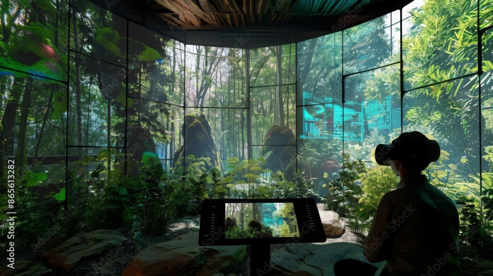 Fototapete a person wearing a virtual reality headset looks out at a digital forest projected onto large screen