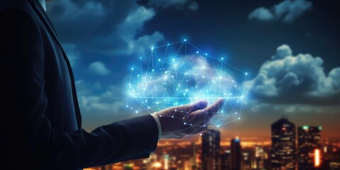 Cloud computing concept, Businessman hold cloud computing icon and connect to cloud data technology and global network connection on a city background