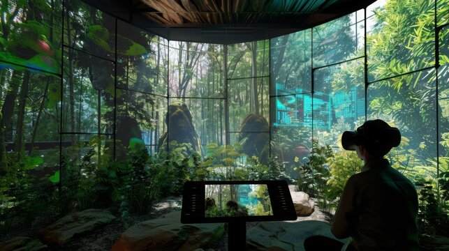 A person wearing a virtual reality headset looks out at a digital forest projected onto large screens surrounding them, creating an immersive experience.