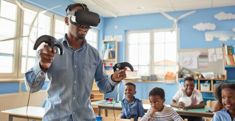 Teacher using VR technology in classroom with engaged students